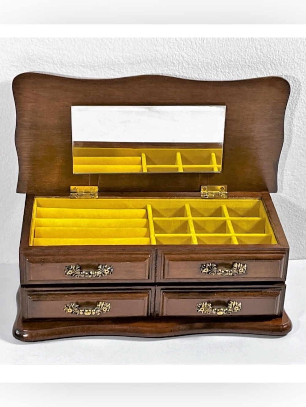 Vintage Centurion® Walnut Wood Jewelry Box, Lid W/Mirror, Padded Sections
